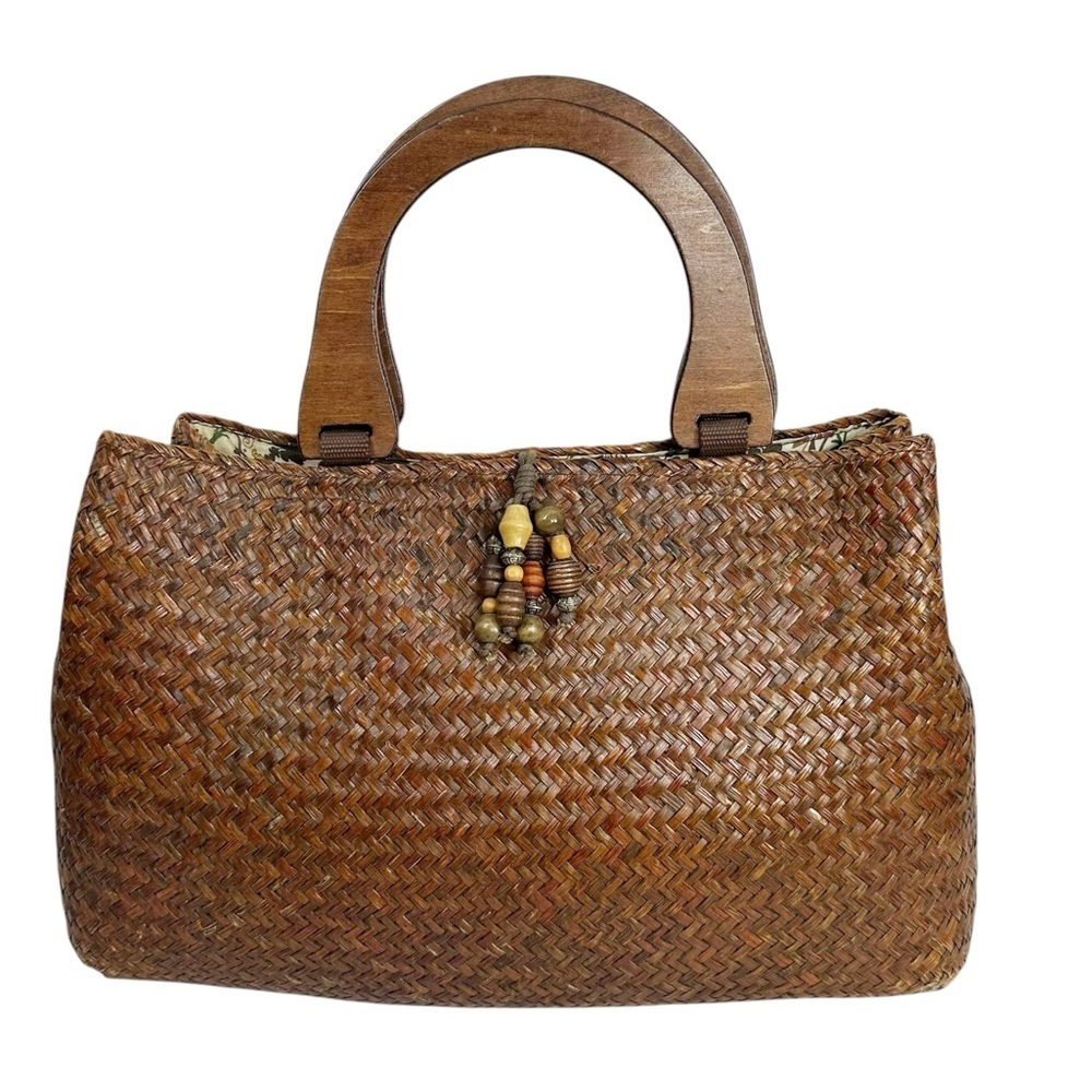 VINTAGE ST. JOHN’S BAY Brown Woven Bag Wooden Handles